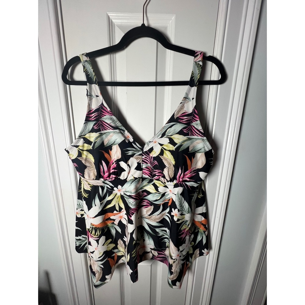 Kona Sol Women Black Tropical Floral Handkerchief Hem Tankini Swim Top XL 14/16